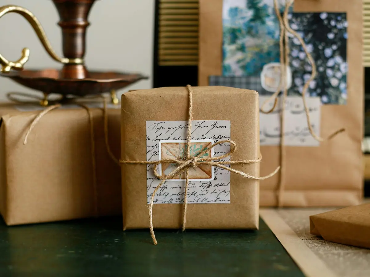 Gifts wrapped in brown paper and twine